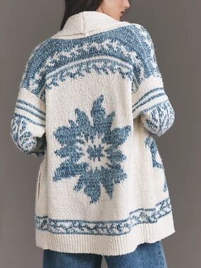 Pilcro Folded Collar Cardigan Sweater - Blue and White - Womens Small / Medium